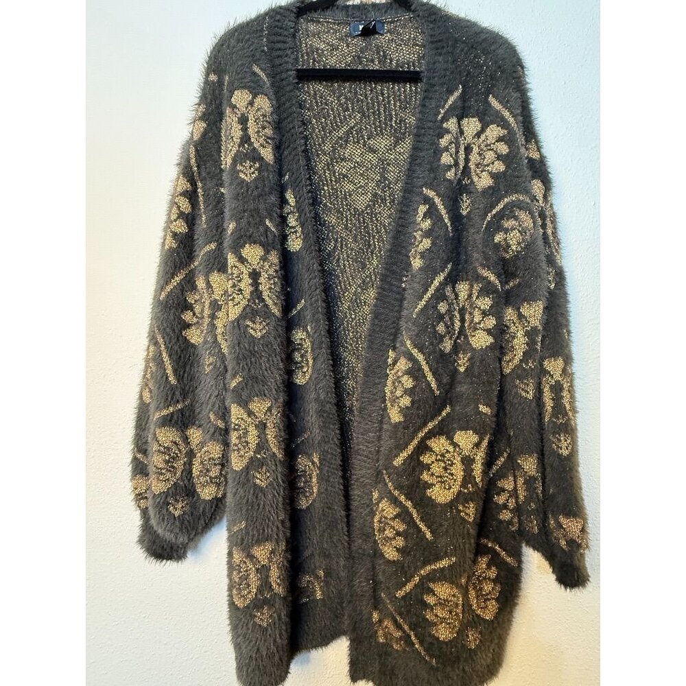 Maeve Charcoal Gray and Gold Floral Fuzzy Open Cardigan
